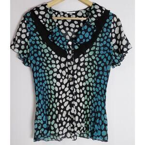 NICOLA Polka Dot Blouse Blue Woven Short Sleeve Women Size M